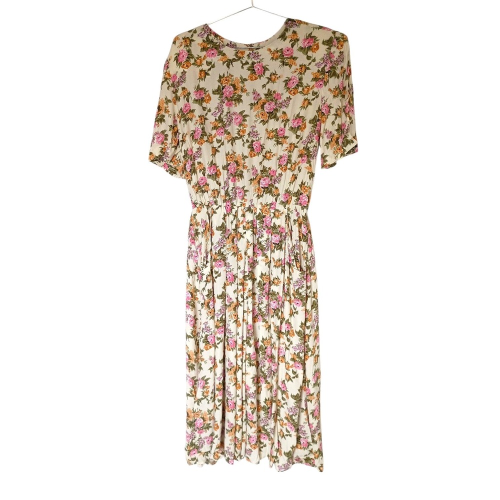 Vintage Ronni Nicole Floral Rayon Midi Dress Short Sleeve Cream Sz 16 NWT 80s - Picture 2 of 15